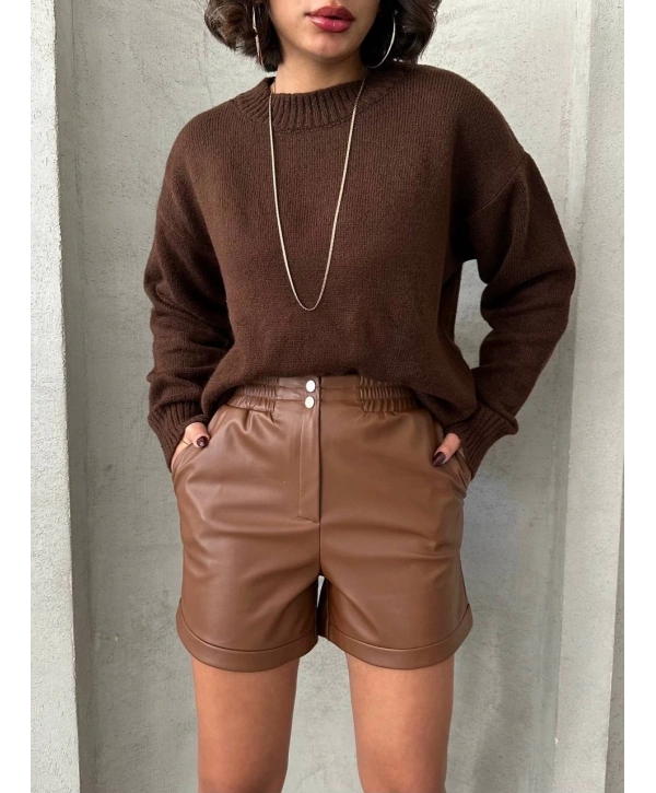 Beli lastikli çıtçıtlı deri şort kahve w241007