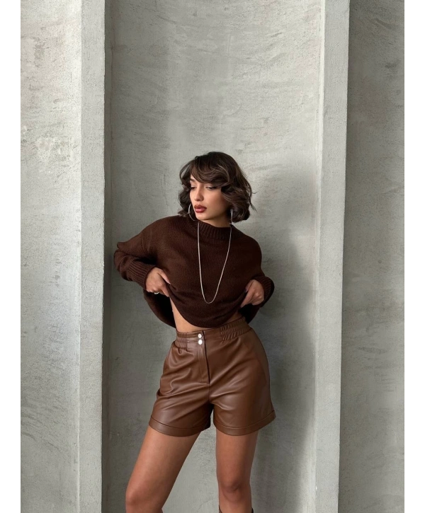 Beli lastikli çıtçıtlı deri şort kahve w241007