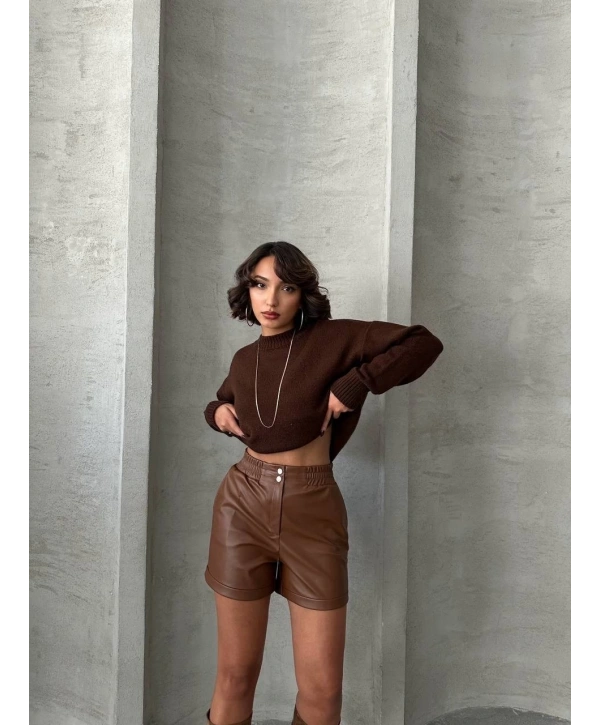 Beli lastikli çıtçıtlı deri şort kahve w241007