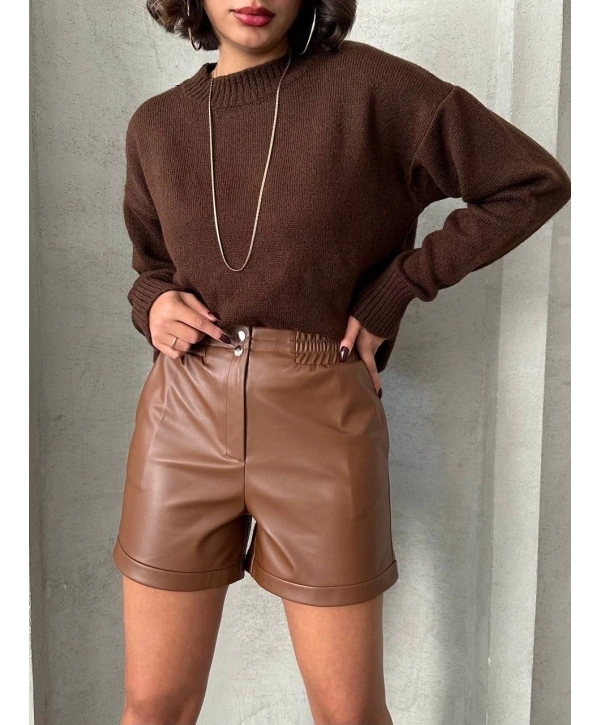 Beli lastikli çıtçıtlı deri şort kahve w241007