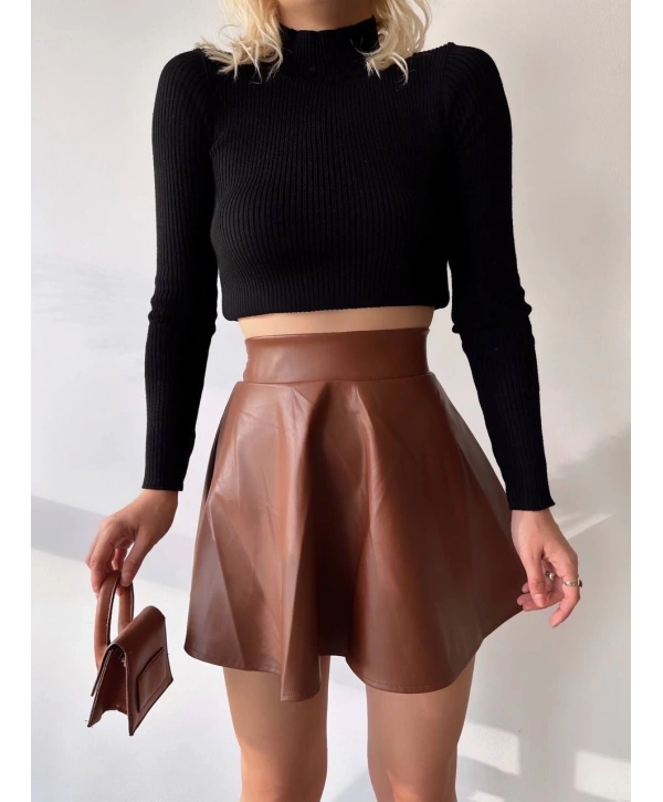 Beli lastikli deri etek kahve s24599