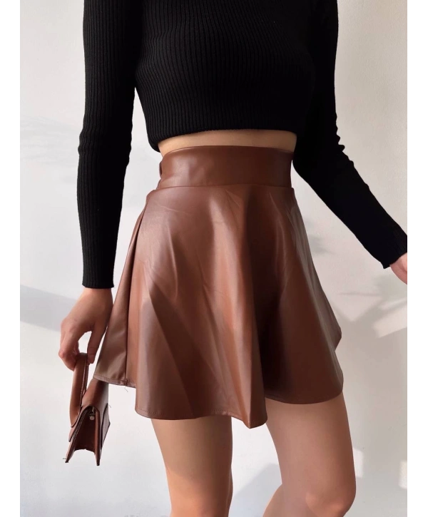 Beli lastikli deri etek kahve s24599