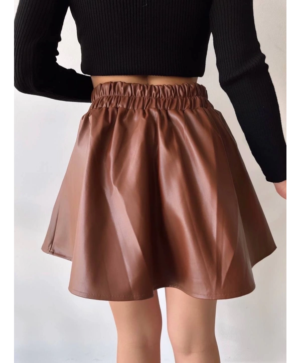 Beli lastikli deri etek kahve s24599