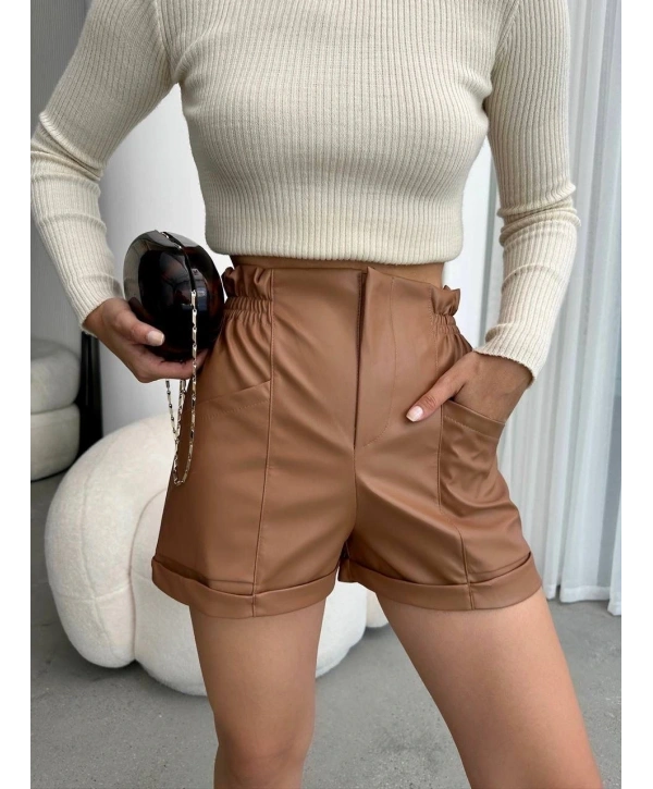 Beli lastikli deri şort kahve H24605