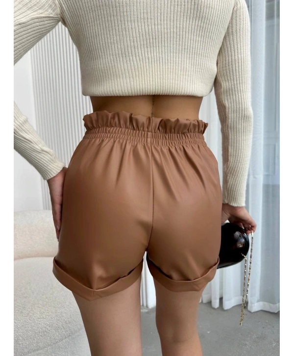 Beli lastikli deri şort kahve H24605