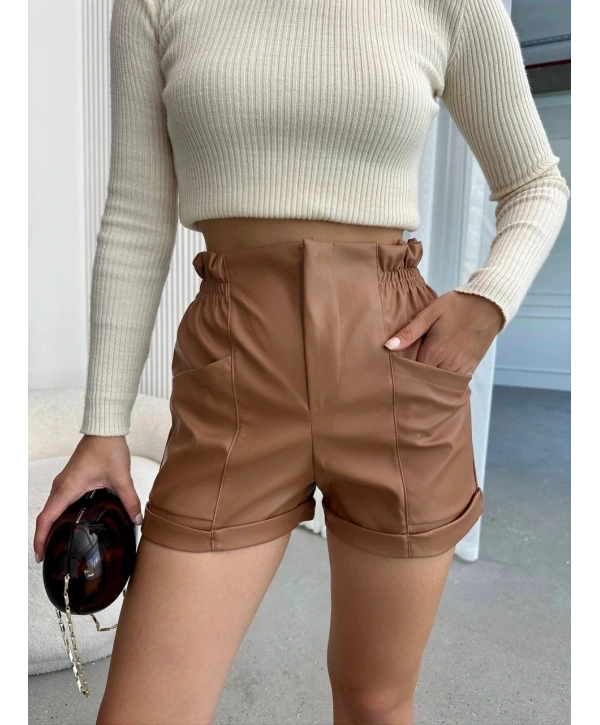 Beli lastikli deri şort kahve H24605