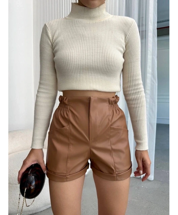 Beli lastikli deri şort kahve H24605