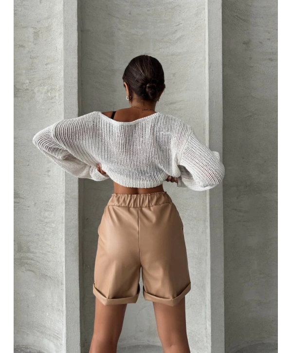 Beli lastikli duble paça deri şort bej w24755