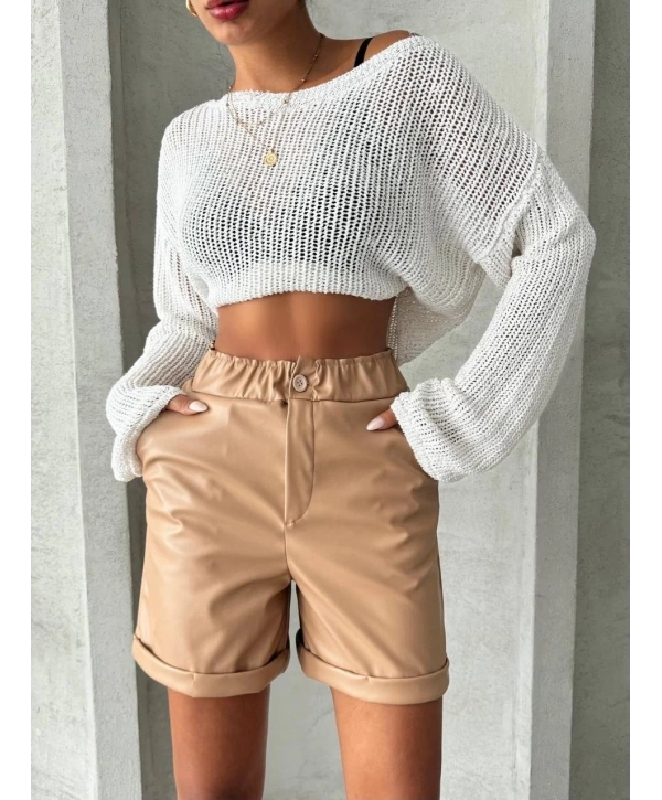 Beli lastikli duble paça deri şort bej w24755