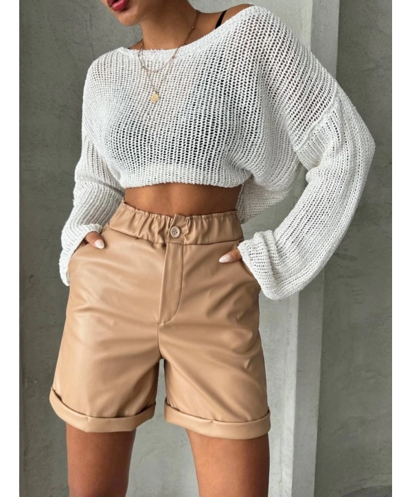 Beli lastikli duble paça deri şort bej w24755