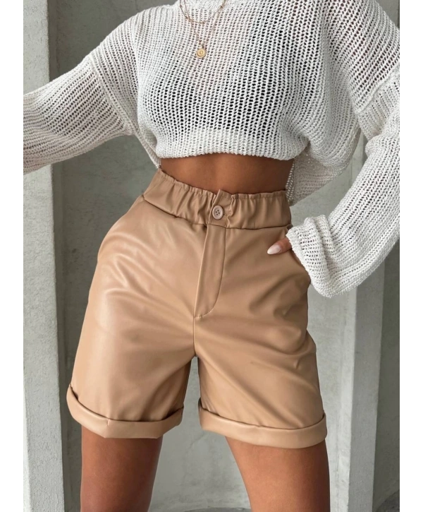 Beli lastikli duble paça deri şort bej w24755
