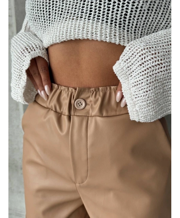 Beli lastikli duble paça deri şort bej w24755