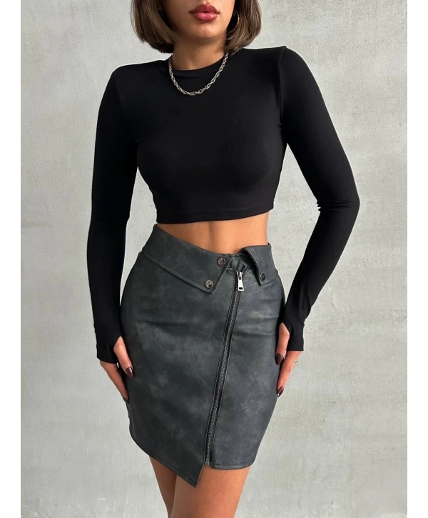 Beli pervazlı fermuarlı eskitme deri etek w24431