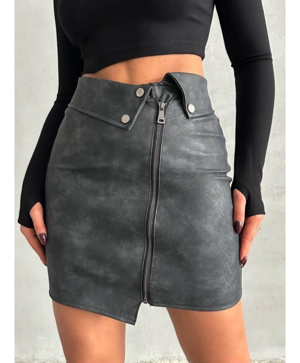 Beli pervazlı fermuarlı eskitme deri etek w24431