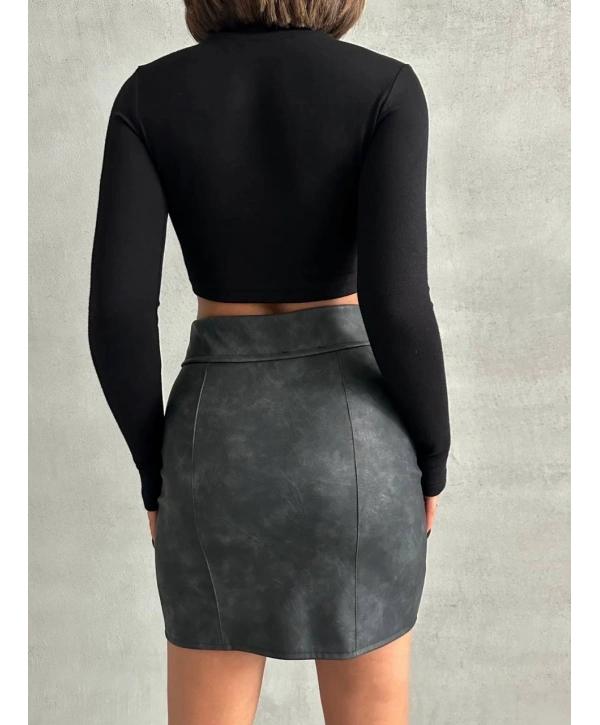 Beli pervazlı fermuarlı eskitme deri etek w24431