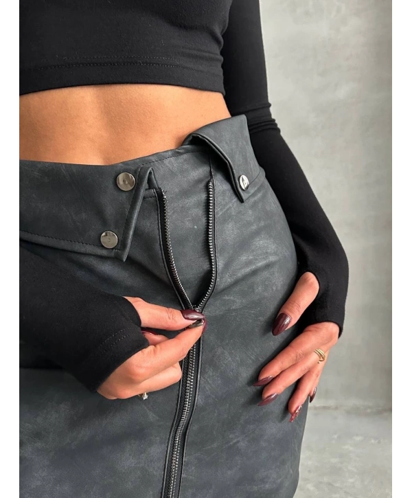 Beli pervazlı fermuarlı eskitme deri etek w24431