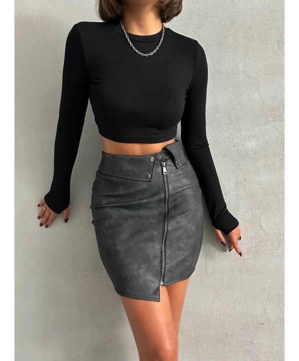 Beli pervazlı fermuarlı eskitme deri etek w24431