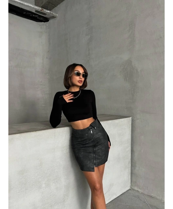 Beli pervazlı fermuarlı eskitme deri etek w24431