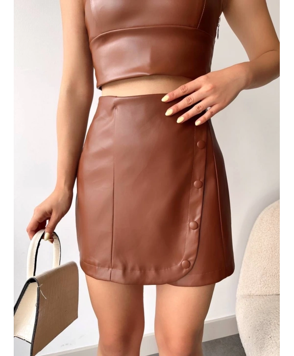Beş düğmeli oval deri etek kahve h240068