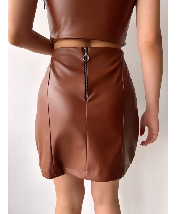 Beş düğmeli oval deri etek kahve h240068