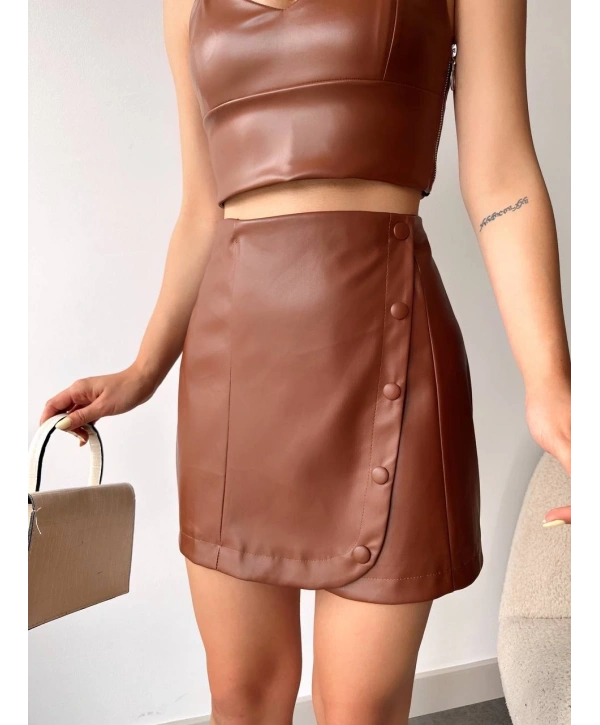 Beş düğmeli oval deri etek kahve h240068