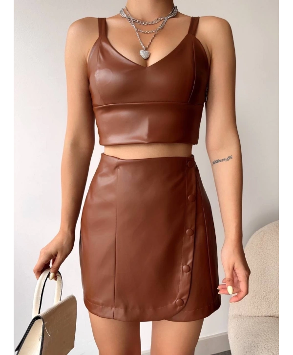 Beş düğmeli oval deri etek kahve h240068