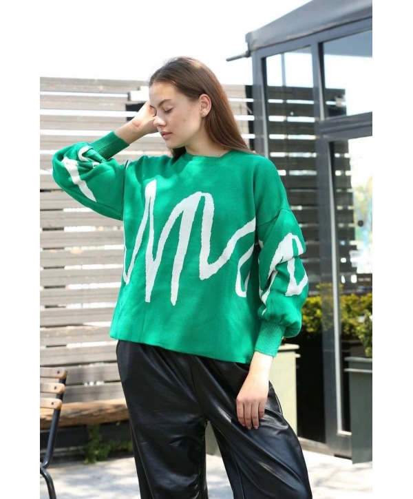 Beyaz çizgili bisiklet yaka kazak yeşil