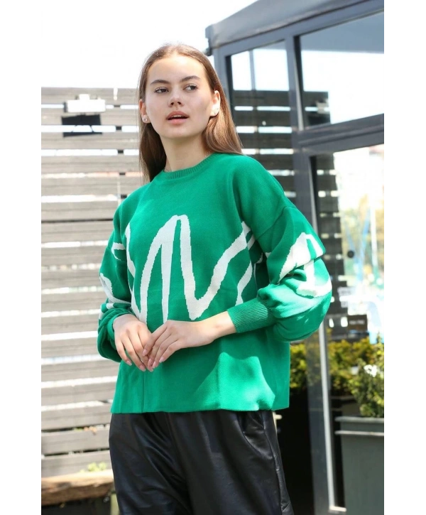 Beyaz çizgili bisiklet yaka kazak yeşil