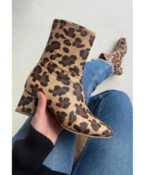 Birta Leopar Cilt Streç Topuklu Bot