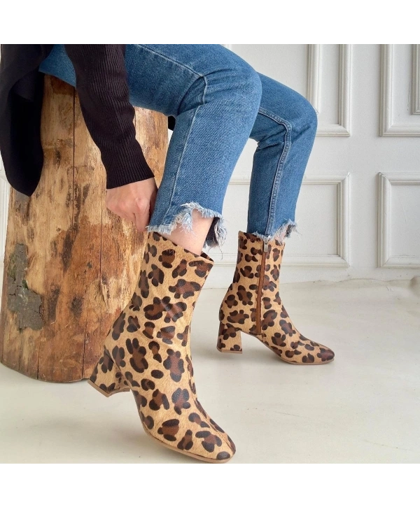 Birta Leopar Cilt Streç Topuklu Bot
