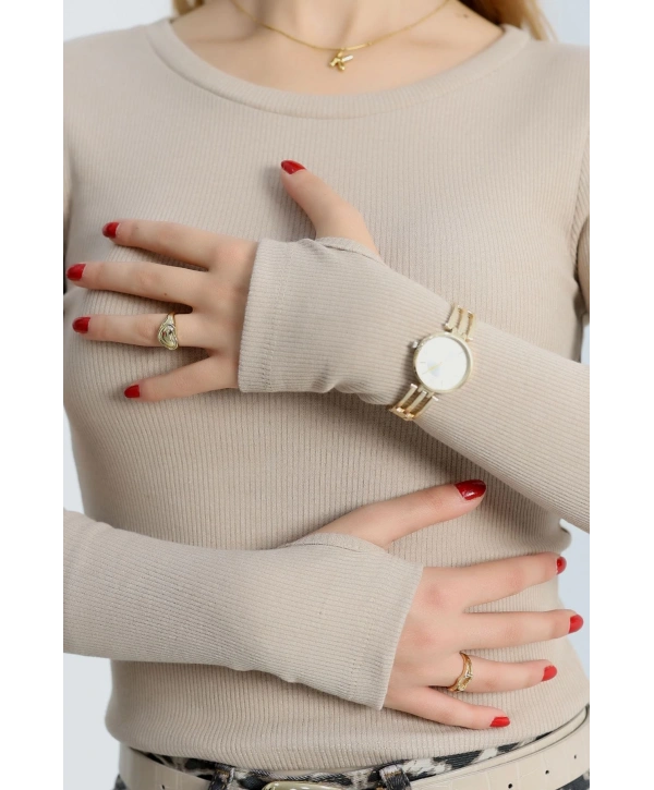 Bisiklet Yaka Parmak Geçmeli Kaşkorse bluz bej a3829