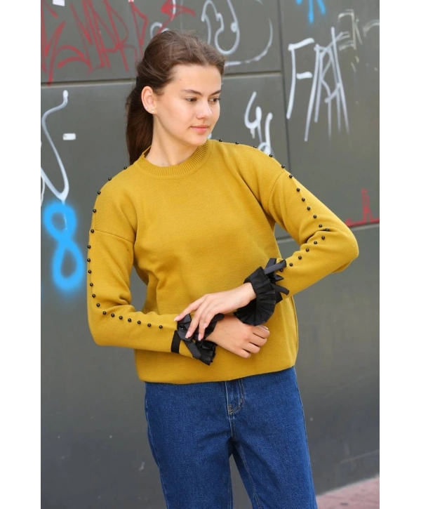 Boncuklu bile detaylı kazak hardal