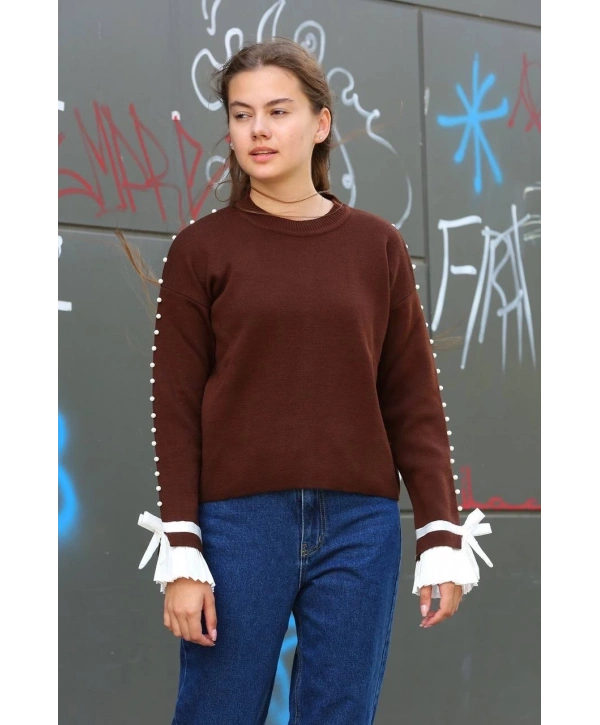 Boncuklu bile detaylı kazak kahve