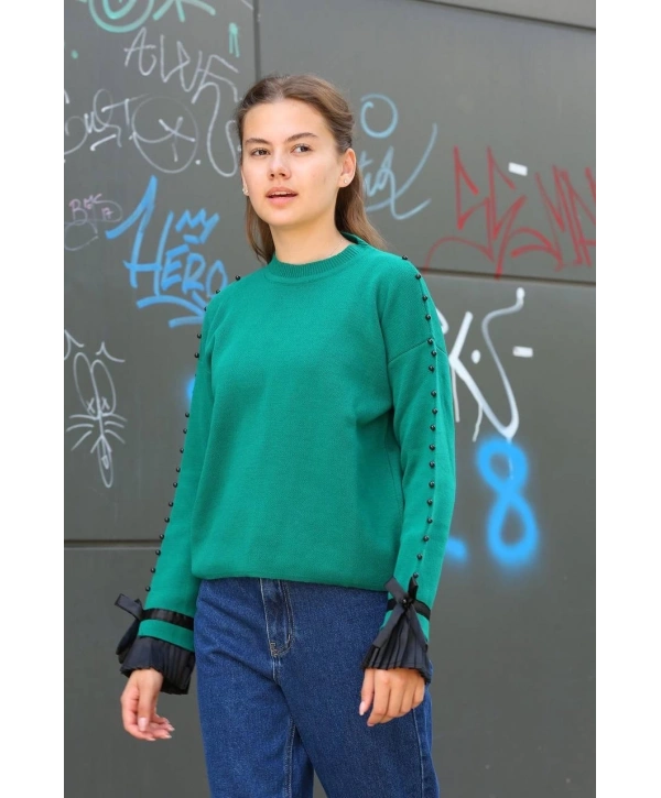 Boncuklu bile detaylı kazak petrol yeşili