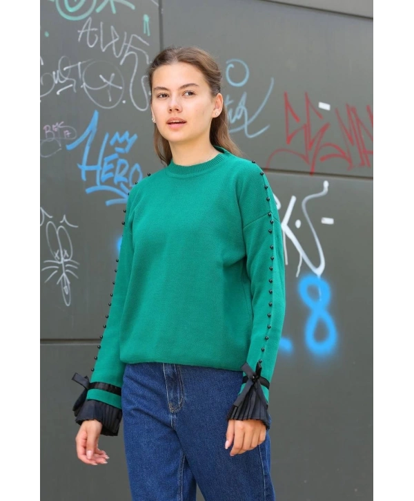 Boncuklu bile detaylı kazak petrol yeşili