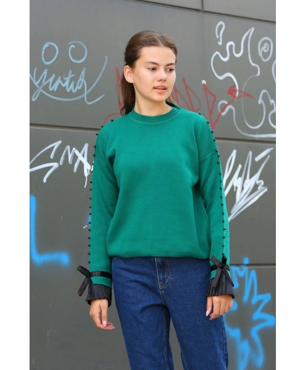 Boncuklu bile detaylı kazak petrol yeşili