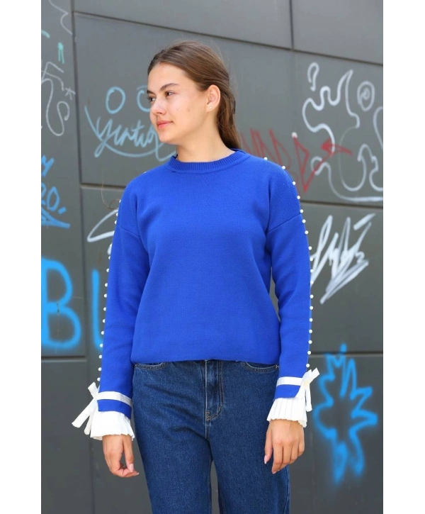 Boncuklu bile detaylı kazak saks mavisi