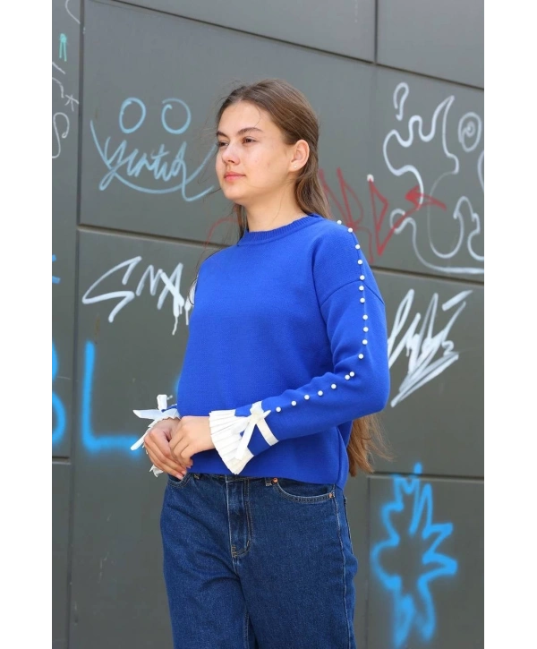 Boncuklu bile detaylı kazak saks mavisi