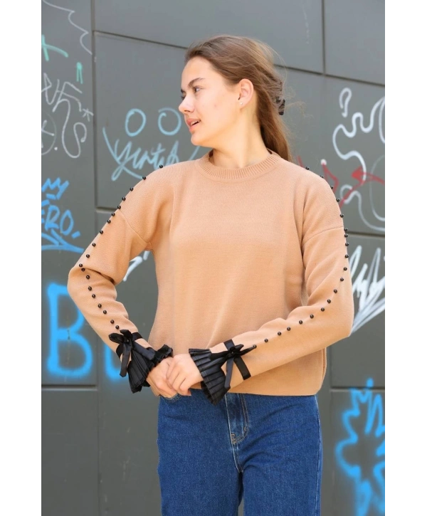 Boncuklu bile detaylı kazak vizon