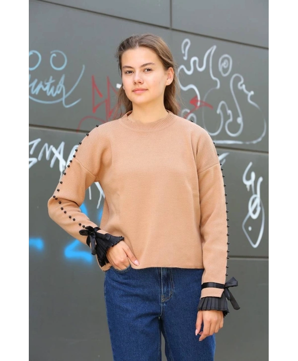 Boncuklu bile detaylı kazak vizon