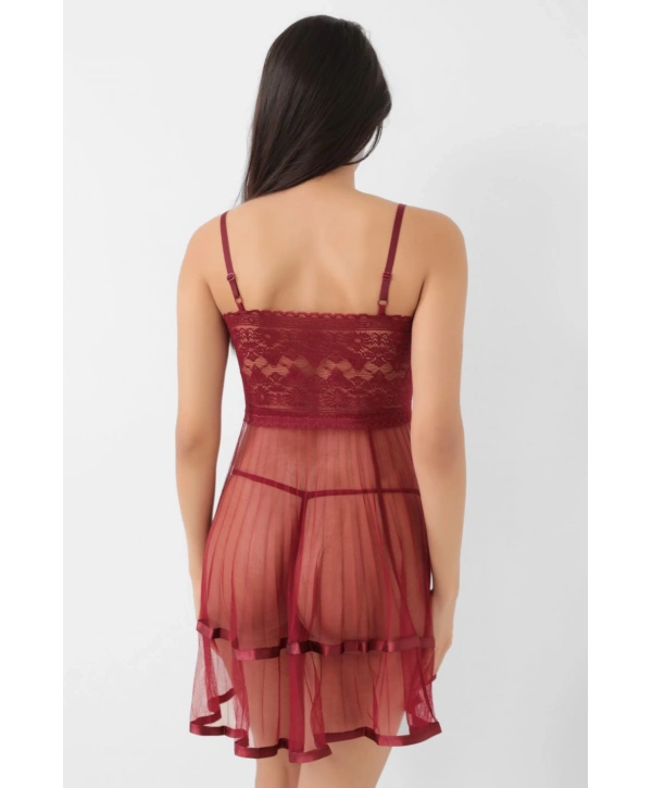 Bordo Şifon Pileli Gecelik-835