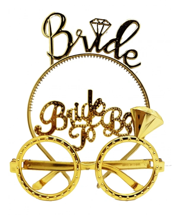 Bride Yazılı Taç Ve Bride To Be Yazılı Gözlük Seti Altın Renk