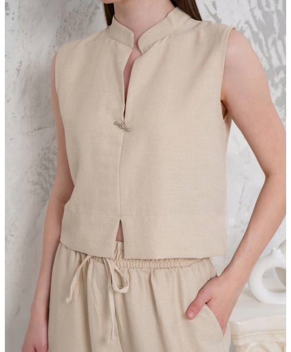 Broşlu yelek pantolon takım bej s255821