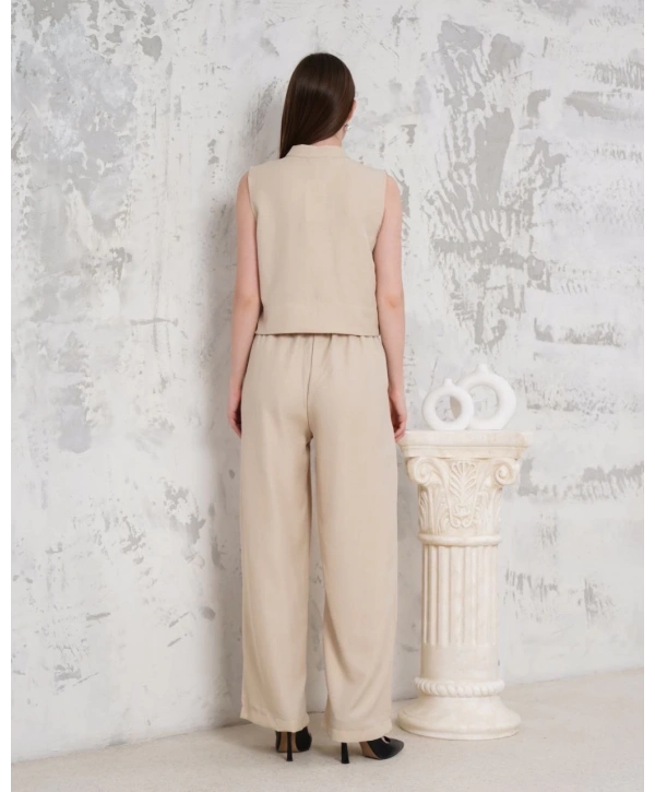 Broşlu yelek pantolon takım bej s255821