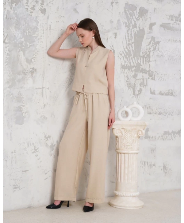 Broşlu yelek pantolon takım bej s255821