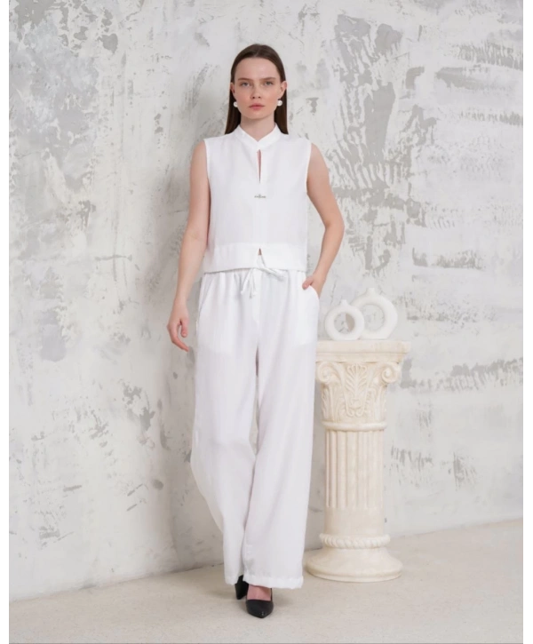 Broşlu yelek pantolon takım beyaz s255821