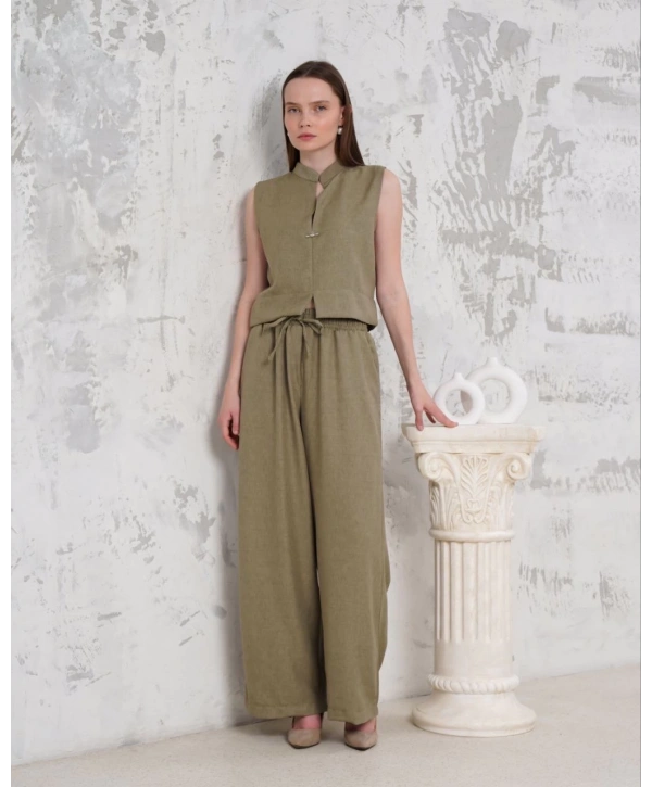 Broşlu yelek pantolon takım haki s255821