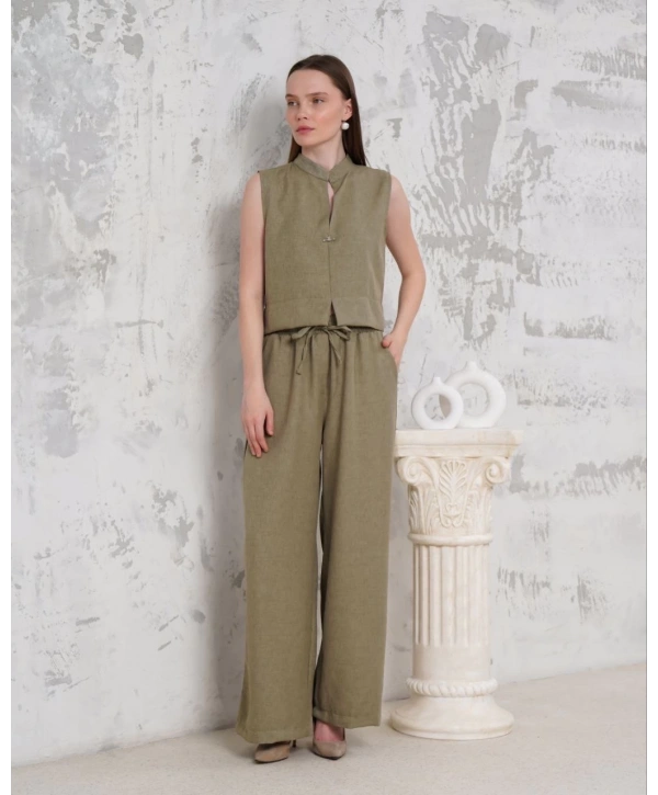 Broşlu yelek pantolon takım haki s255821