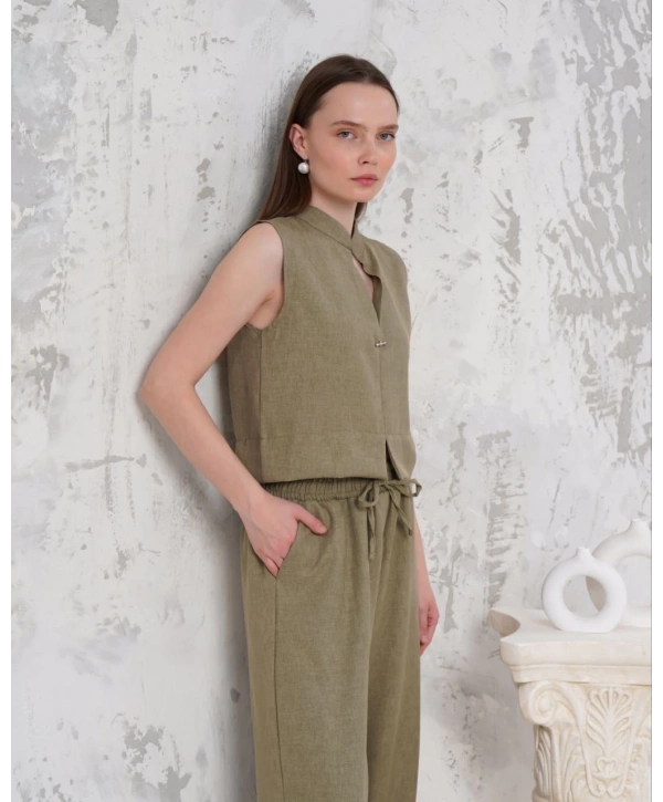 Broşlu yelek pantolon takım haki s255821