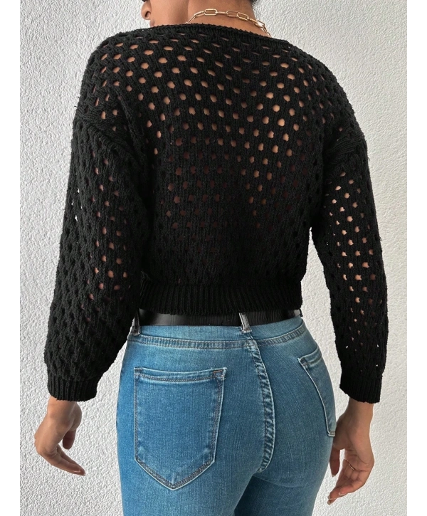 Büyük düğmeli delikli hırka siyah